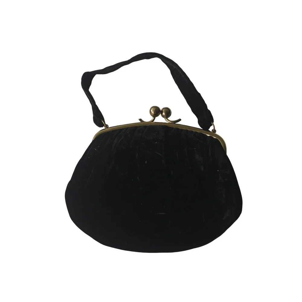 Vintage MM Black Velvet Evening Bag Gold Tone Kiss Lock Frame Top Handle Purse